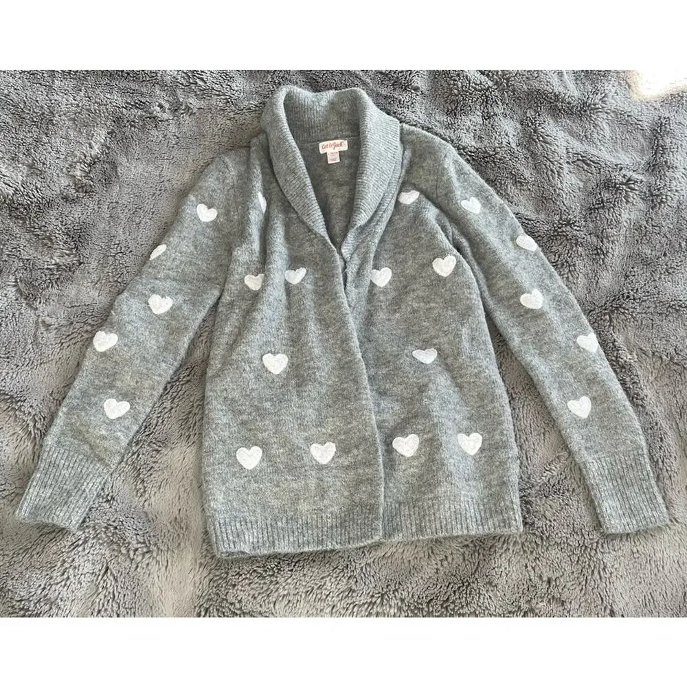 Cat & Jack Cardigan Sweater Girls Size Large 10-12 Open Gray Fleece Heart Dots